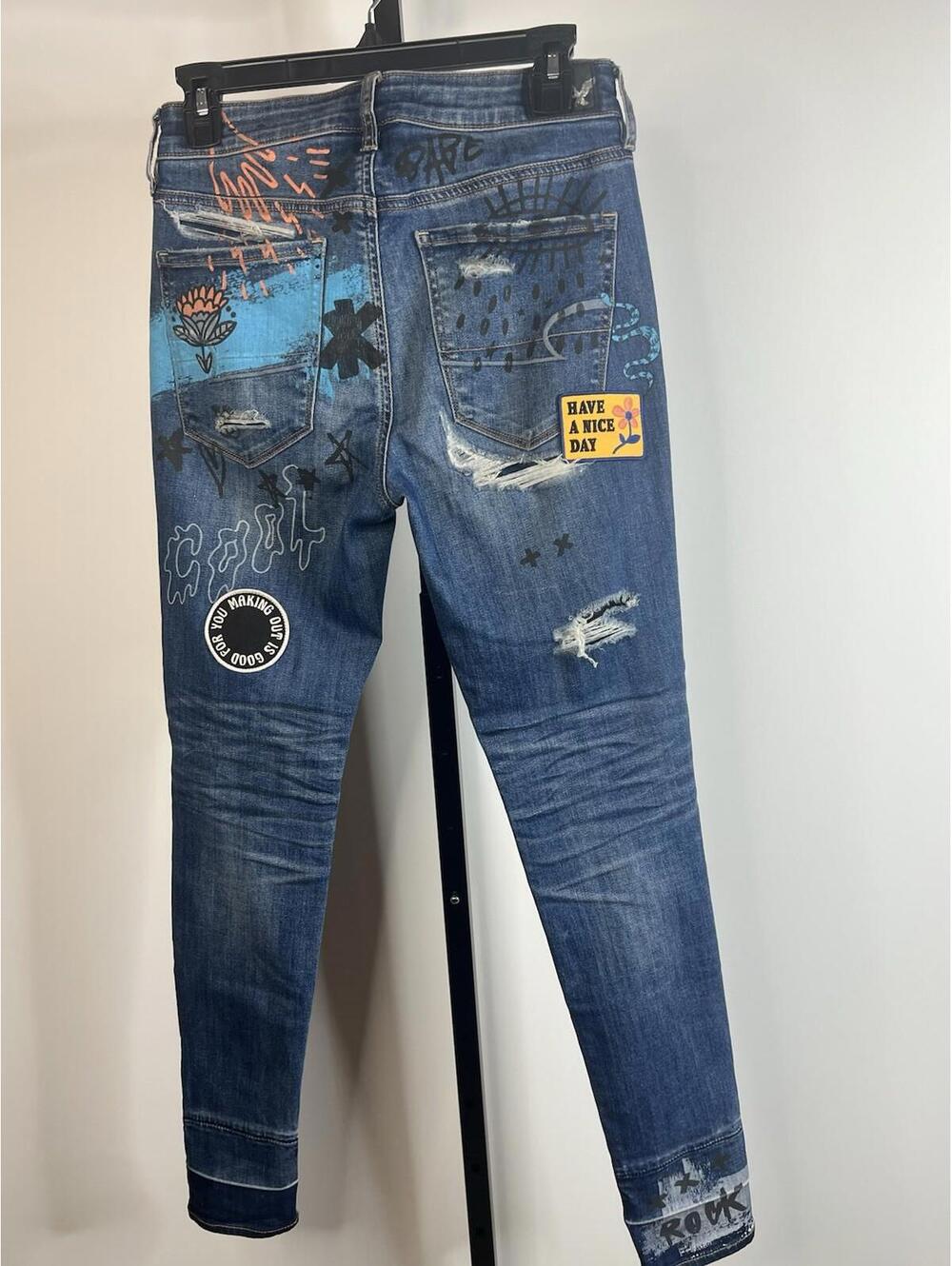 American Eagle 1810-6496 High Rise Distressed Graffiti Punk Y2K Jeggings Size 6 - Picture 7 of 15